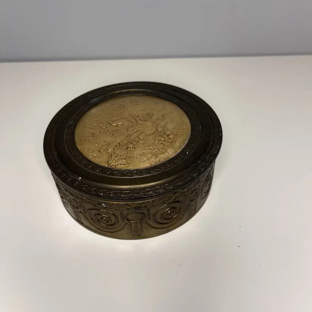 Pastoral Scene Gilded Brass Powder Trinket Box Mirrored Glass Insert Vintage